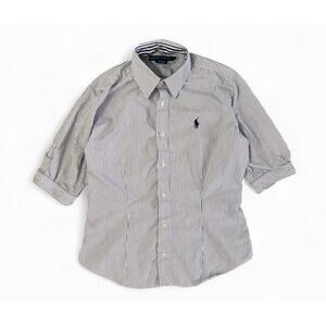 Vintage Ralph Lauren Women’s White Navy Pinstripe Short Sleeve Button Up Shirt 8